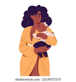 A mãe feliz segura o bebê bonito nas mãos. Joyful mãe negra abraça filha recém-nascida. Uma mulher afro-americana ama seu bebê. Pai abraça criança, criança. Ilustração de vetor isolado plano sobre fundo branco