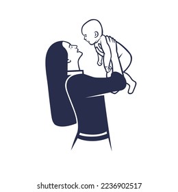 A happy mother holds her child in her arms. Illustration on white background.