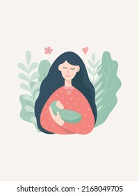 Madre feliz sostiene a su bebé recién nacido en sus brazos. Ilustración vectorial de la maternidad y el cuidado de los niños. Fondo floral.