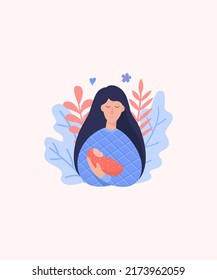 Happy mother holds her newborn baby in her arms. Vector illustration of motherhood. Floral background.