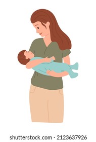 Happy mother holds a sleeping baby in her arms. Mom hugs with love her child. Beautiful woman hold her newborn son. Cartoon vector illustration