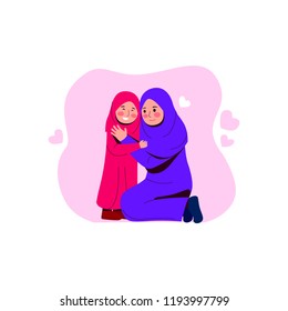 Happy Mother Hug Her Daughter Arabian Family Flat Vector Cartoon