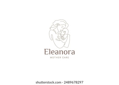 Happy mother hug little son with love continuous line logo design template vector illustration. Motherhood maternity parenthood care outline logotype family planning medical health prenatal childbirth