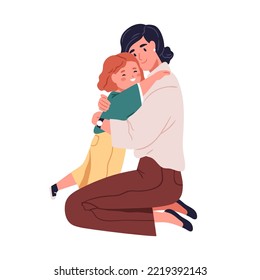 Madre feliz abrazando a un lindo niño sonriente. Familia, niña y mamá abrazándose con amor. Mujer madre cuidando, apoyando a pequeña hija. Ilustración vectorial plana aislada en fondo blanco