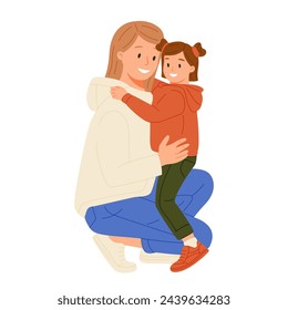 Happy mother hugging cute smiling child. Family, girl kid and mom cuddling, embracing with love. Woman parent caring, supporting little daughter. Flat vector illustration isolated on white background