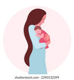 Happy mother hugging her baby. Vector illustration in flat style