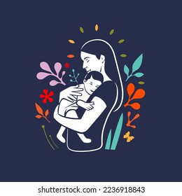 Happy mother hugging her child on a festive background with flowers. Color illustration.