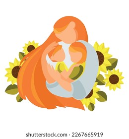 Happy Mother hugging her children boy and girl on the background of sunflowers Vector illustration.Happy Mother's Day poster, greeting card template.World Women's Day.Care and protect children