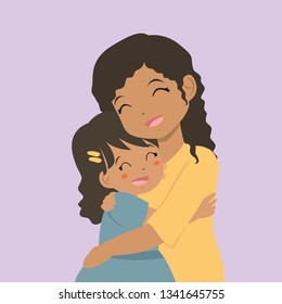 Happy mother hugging her daughter. African American mother and daughter embracing each other, character vector