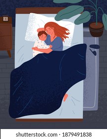 Happy Mother Hugging Little Child, Sleeping Together In Bedroom Cute Relaxed Family Lying On Comfy Bed Under Blanket At Night. Mom And Kid Embracing Each Other And Slumbering At Home