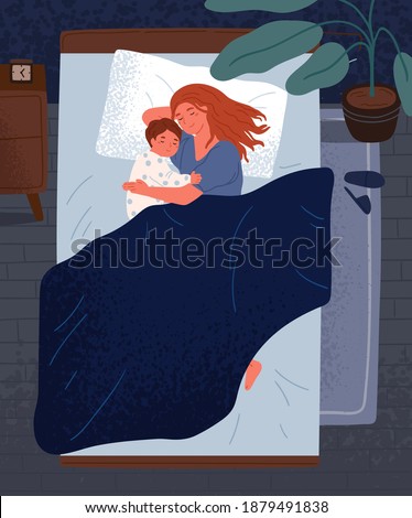 Happy mother hugging little child, sleeping together in bedroom Cute relaxed family lying on comfy bed under blanket at night. Mom and kid embracing each other and slumbering at home