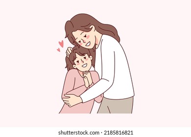 Happy mother hugging small daughter show love and care. Smiling young mom cuddle embrace little girl child. Motherhood and parenthood. Vector illustration. 
