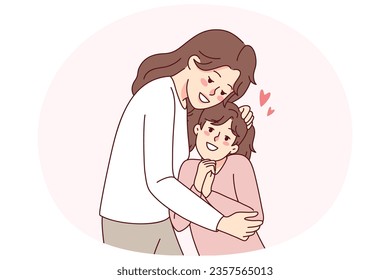 Happy mother hugging small daughter show love and care. Smiling young mom cuddle embrace little girl child. Motherhood and parenthood. Vector illustration.