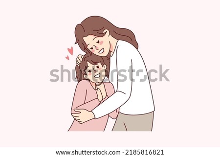 Happy mother hugging small daughter show love and care. Smiling young mom cuddle embrace little girl child. Motherhood and parenthood. Vector illustration.  Stock photo © 