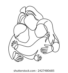 Happy mother hugs her children. Mommy embrace her little son and daughter. Mom with two kids. Vector icon logo, emblem. Line Art, continuous line. Poster, greeting card, invitation