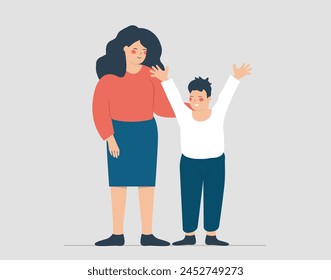 Madre feliz abraza a su hijo con amor y cuidado. Un niño alegre saluda al mundo y se siente seguro. Día de la madre, maternidad, crianza positiva y concepto familiar. Ilustración vectorial