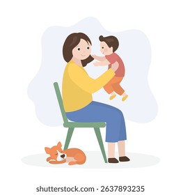 Happy mother joyfully holding to her little son. Beauty mom and boy. Happy family portrait. Young adult and little kid. Relationship, motherhood. flat vector illustration