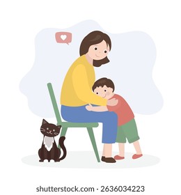 Happy mother joyfully hugging to her little son. Beauty mom and boy. Happy family. Young adult and little kid. Relationship, motherhood. flat vector illustration