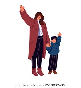 Feliz madre e hijo se toman de la mano y saludan. Padre e hijo en ropa exterior de invierno acogedor. La familia dice hola o adiós al aire libre juntos. Ilustración vectorial aislada plana sobre fondo blanco