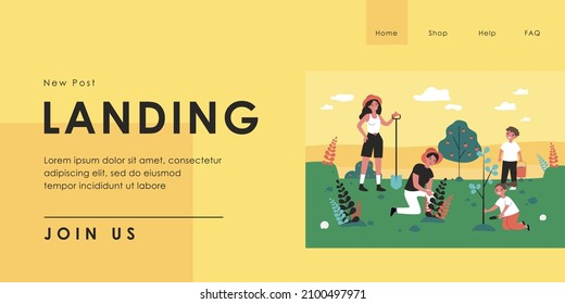 Happy mother and kids planting trees flat vector illustration. Woman standing with shovel, boy holding watering pot. Family, garden, ecology concept for banner, website design or landing web page