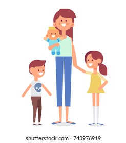Happy Mother with kids.Cartoon style, flat vector illustration.