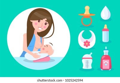 Happy mother lactating small son, colorful banner, vector illustration isolated on bright green backdrop, white circle, drop bib and varied bottles