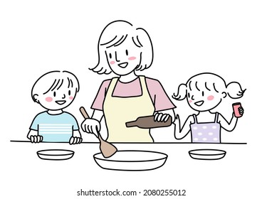 Happy mother and little children cooking food. Cute mom cooking food together with kids. Cheerful boy and girl waiting for homemade food cooked by their mother. Lovely woman cooking food with kids.