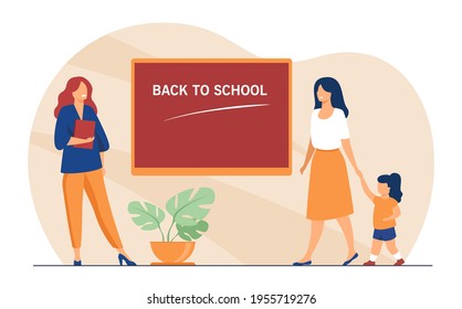 Happy mother with little girl going to school. Teacher, chalkboard, elementary flat vector illustration. Education and study concept for banner, website design or landing web page