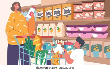 Madre feliz con un hijo pequeño haciendo compras en la tienda, mujer tomando productos de la tienda de Shelf Kid cerca del tranvía comercial. La Familia Comprando Comida, La Gente Visita El Supermercado. Ilustración del vector de dibujos animados