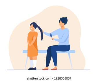 Happy mother making hairstyle to daughter. Hair, hairdo, comb flat vector illustration. Motherhood and childhood concept for banner, website design or landing web page