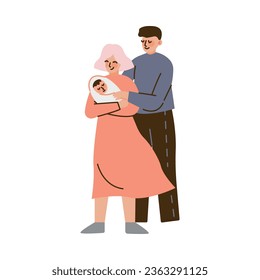 Happy Mother with Newborn Kid and Husband Standing Vector Illustration