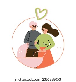 Happy Mother with Newborn Kid and Husband Standing Vector Illustration