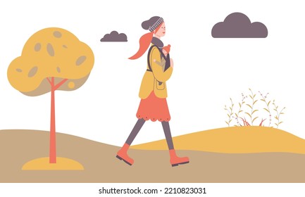 Happy mother on autumn walk with newborn in kangaroo backpack. Woman walking with child in park. Young mom with baby isolated on white background in funky figures style. Vector illustration