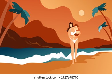 Happy mother on vacation with a child in her arms walks along the sandy beach against the background of abstract mountains and the sky. Palm trees and waves, a woman with a daughter in a swimsuit.