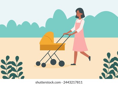 Happy mother on walk with newborn in stroller. Woman pushing pram with child in park. flat vector illustration