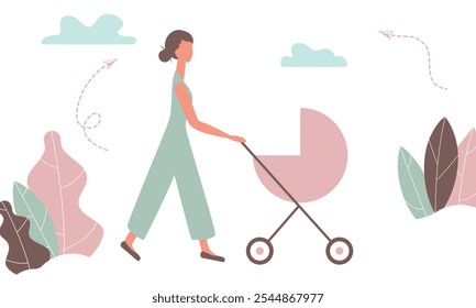 Madre feliz en un paseo con el recién nacido en cochecito. Mujer empujando el cochecito con el niño en parque. Mamá joven con el bebé en el cochecito aislado en el fondo blanco en estilo funky de las figuras. Ilustración vectorial