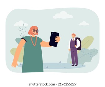 Happy mother with phone and schoolboy walking to school. Moms support for kid with backpack flat vector illustration. Education, lifestyle concept for banner, website design or landing web page