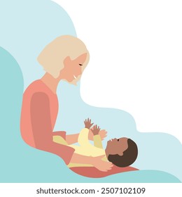 Happy mother playing with her newborn baby. Joy of motherhood. Mother's day. Vector illustration in flat style.