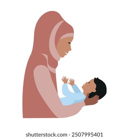 Happy mother playing with her newborn baby. Joy of motherhood. Mother's day. Vector illustration in flat style.