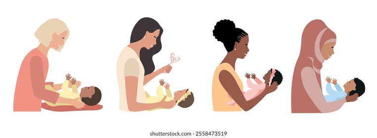 Happy mother playing with her newborn baby. Joy of motherhood. Mother's day. Set vector illustration in flat style.