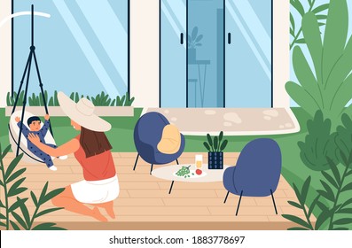 Happy mother playing with little son at backyard of house vector flat illustration. Joyful family spending time together at summer weekend. Woman enjoying motherhood outdoor