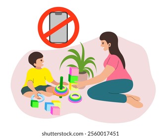 Happy Mother and Son Playing. Play time. No Cell Phone sign. Vector Illustration