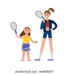 Happy mother playing tennis with her daughter cartoon characters, happy family playing sports together vector Illustration