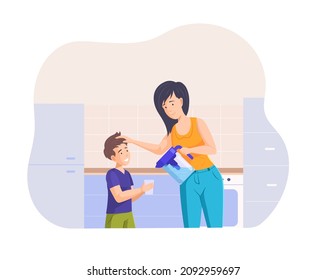 Happy Mother Pouring Fresh Water To Son From Portable Cooler Jug At Kitchen. Caring Woman Adding Pure Aqua Into Glass Male Kid Feeling Thirst. Healthy Family Hydration Metabolism Balance Flat Vector