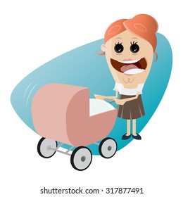 happy mother with pram, baby carriage, baby buggy