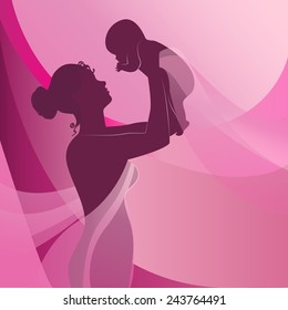 Happy mother raising newborn baby on pink background