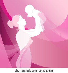 Happy mother raising newborn baby on pink background