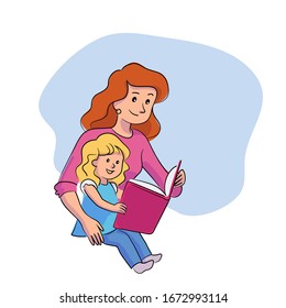 Happy mother reading book to daughter. Mommy teaching little child. Preschooler studying to read with parent. Kid learning. Children education and development. Rest with fairytale. Vector illustration