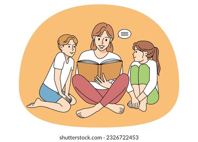 Happy mother reading book to excited small kids. Loving mom enjoy literature fairytale with little children. Family weekend and motherhood concept. Vector illustration.