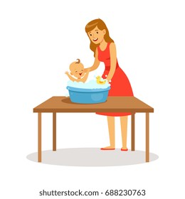 Happy mother in red dress washing little baby, kid playing with foam bubbles colorful vector Illustration